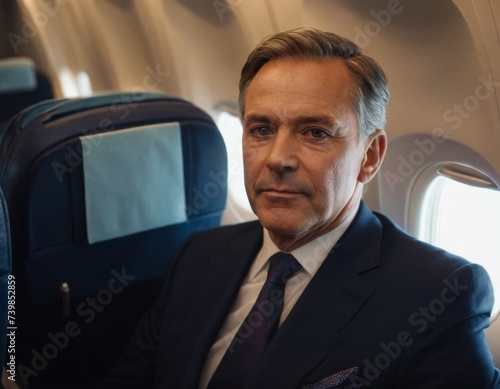Portrait of a fifty-year-old man in the interior of an airplane. AI generation