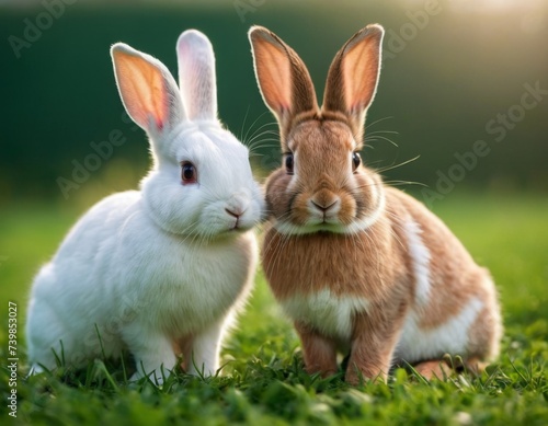 Little cute rabbits on the lawn. AI generation © Yana Zastolskaya