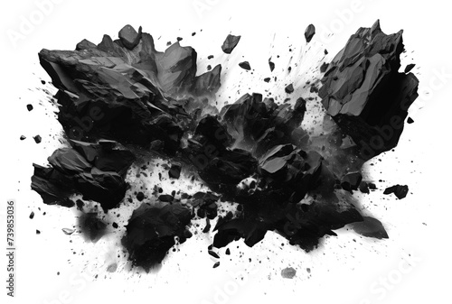 Exploding black rock with smoke and dust on empty transparent background. Isolated brush. Generative ai photo
