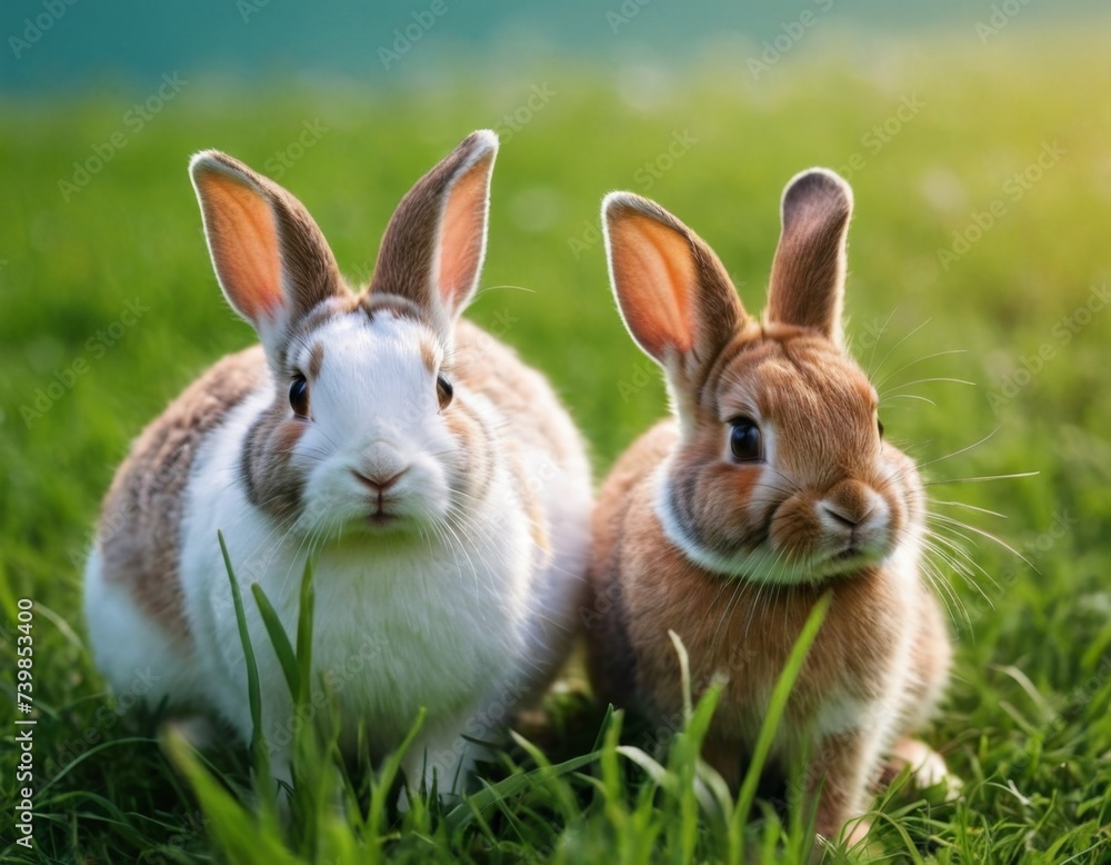 Little cute rabbits on the lawn. AI generation Little cute rabbits on the lawn. AI generation