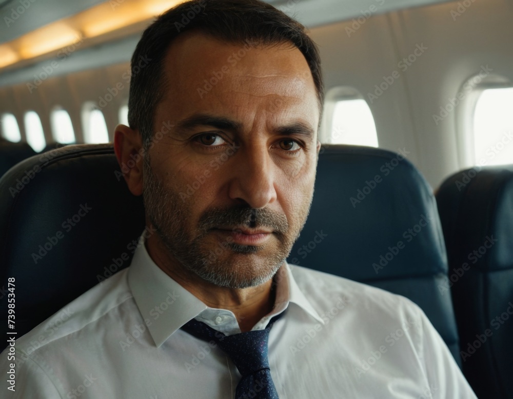Image of an Armenian man in a dress shirt in the cabin of an airplane. AI generation Image of an Armenian man in a dress shirt in the cabin of an airplane. AI generation