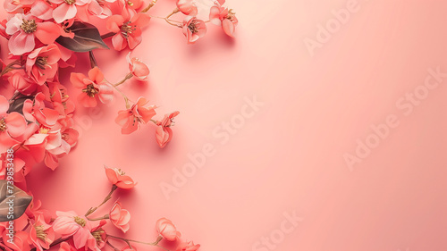 Pink background with beautiful delicate flowers and copy space. View from above. © Nelly