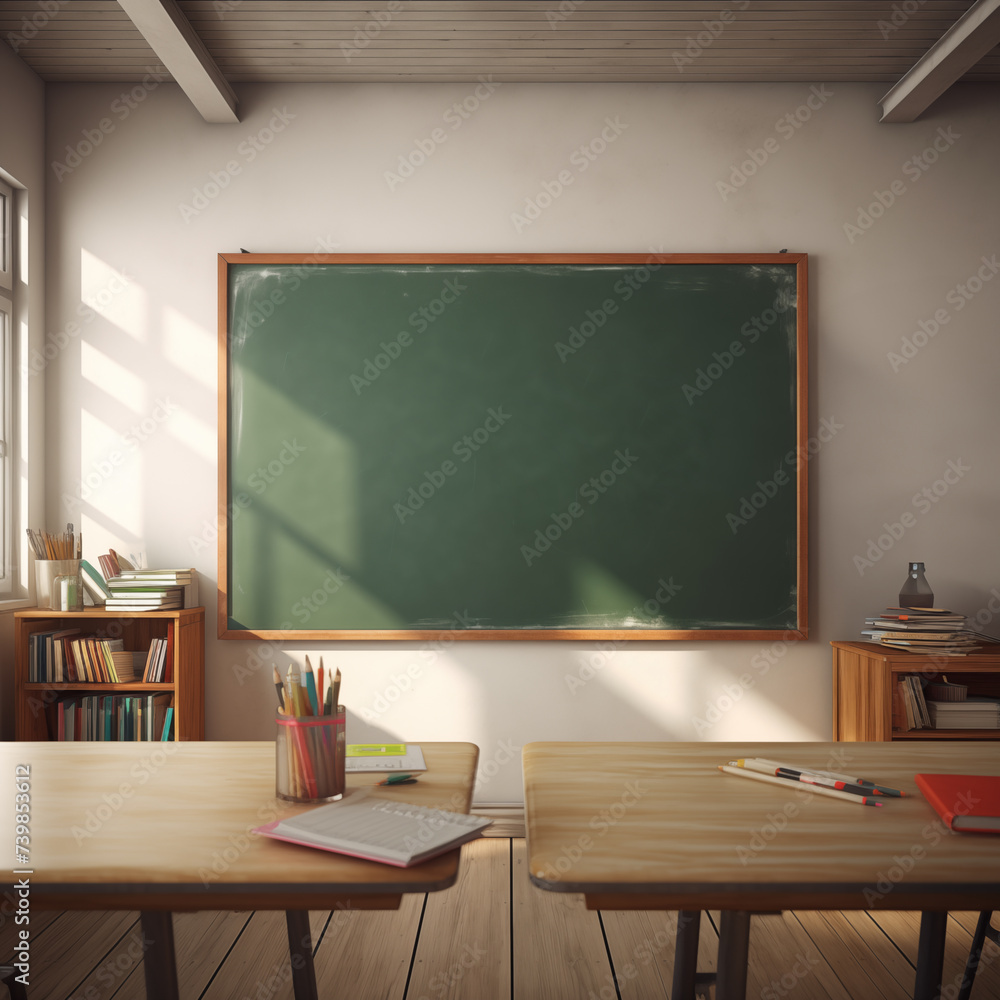 School classroom with desks and blank board closeup and copy space School classroom with desks and blank board closeup and copy space