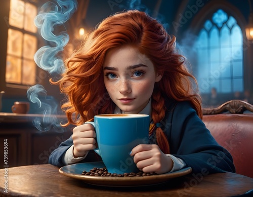 A cool girl with red hair is sitting at a table, holding a coffee cup in her hands