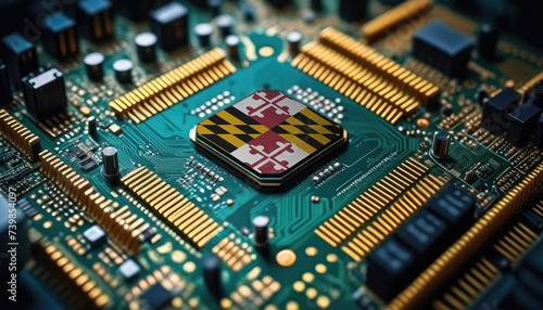 Maryland flag on a processor, CPU or microchip on a motherboard. Concept for the battle of global microchips production.
