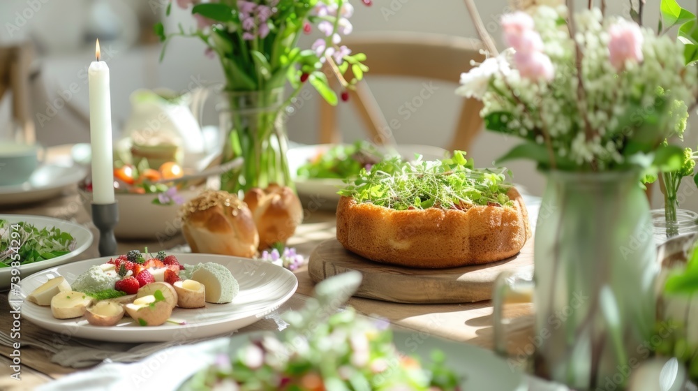 Festive table setting with fresh flowers, savory cake, and lit candle. Festive table setting with fresh flowers, savory cake, and lit candle.