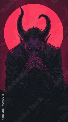 a demon with horns and hands folded together