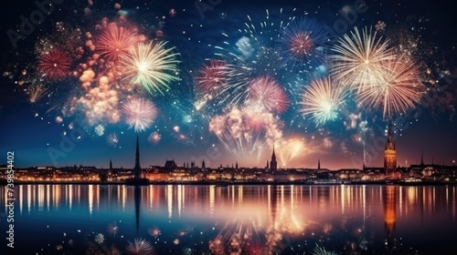 Vibrant fireworks display over a cityscape reflected in water.