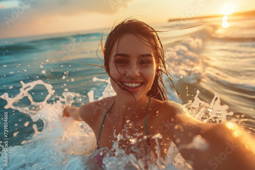 young woman splashes water and takes a selfie in the sea with blue sea sunset