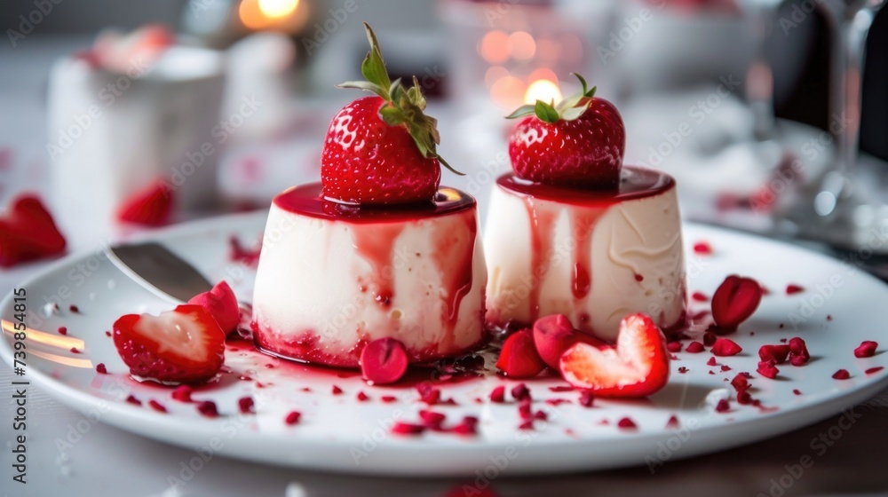 Two panna cotta desserts with strawberry sauce and fresh strawberries on a plate Two panna cotta desserts with strawberry sauce and fresh strawberries on a plate