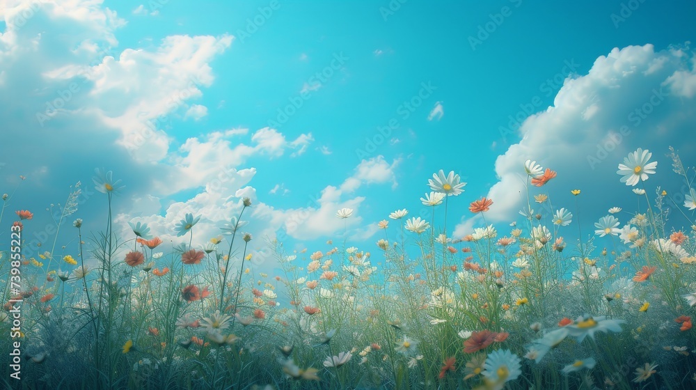 a field of flowers under a blue sky