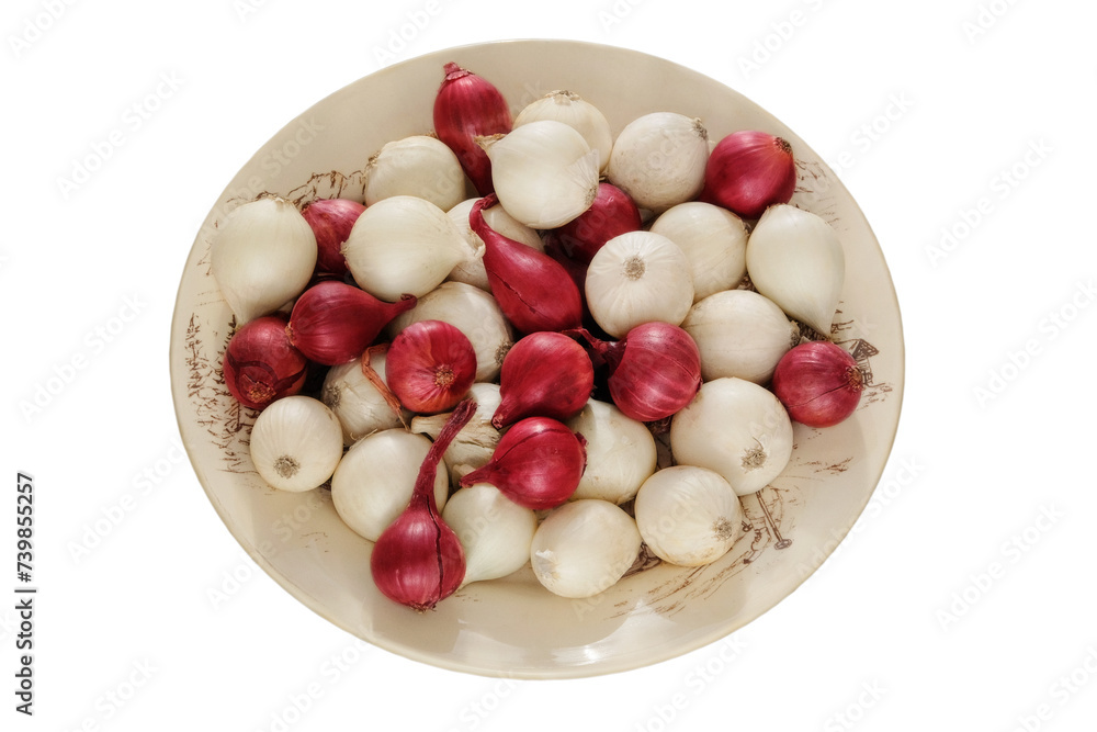 Onion in a ceramic plate isolated on white background. Salad purple and white onion in village bowl. Harvest. Onion in a ceramic plate isolated on white background. Salad purple and white onion in village bowl. Harvest.