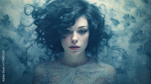 Ethereal portrait of a young woman with curly hair and fantasy elements.