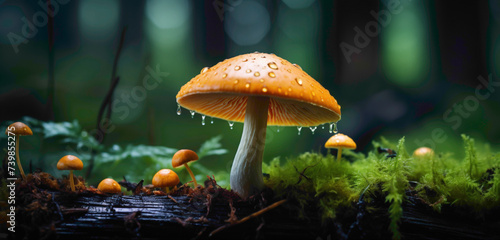 A close-up of a vibrant, otherworldly mushroom against a dark forest-green background.