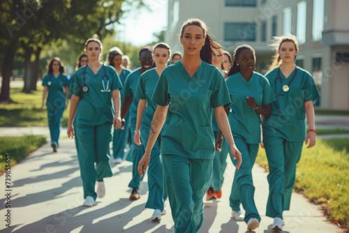 team of medical students in scrubs walk together on a university hospital campus photo
