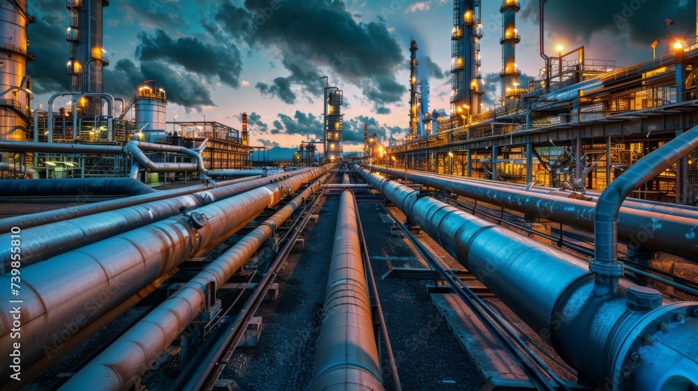Gas and oil pipelines in a transportation and petrochemical industry plant at dusk, showcasing industrial infrastructure and energy production Gas and oil pipelines in a transportation and petrochemical industry plant at dusk, showcasing industrial infrastructure and energy production