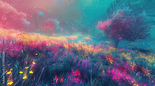 glitch art realism, tranquil vibes. Cool glowing meadow