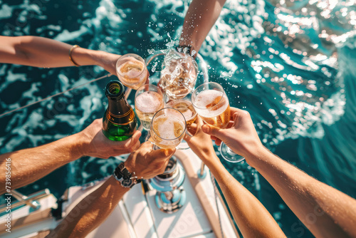 Group of friends having fun together and drinking champagne while sailing in the sea on luxury yacht photo