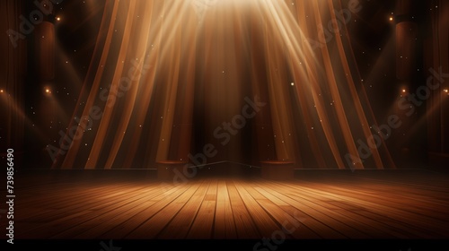 A wooden stage illuminated by golden light spotlights.