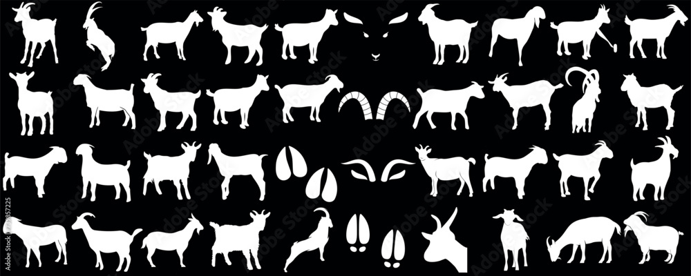 Goat silhouettes, white goat on black, diverse poses of goat. Perfect for themes related to farm, livestock, and animals. Detailed outlines of goats standing, walking, grazing