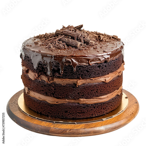 front view of a delicious looking Chocolate Fudge cake kept on a cake tray food photography style isolated on a white transparent background photo