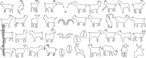 Goat outline collection, various goat poses, standing, walking, jumping. Perfect for logo design, branding, illustrations. Simple, detailed sketches, black white silhouette, graphic vector