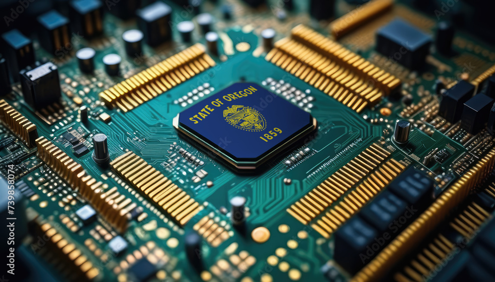 Oregon flag on a processor, CPU or microchip on a motherboard. Concept for the battle of global microchips production. Oregon flag on a processor, CPU or microchip on a motherboard. Concept for the battle of global microchips production.