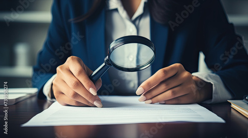 woman reading a contract paper with magnifying glass. audit concept