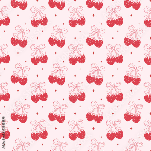 Coquette strawberry with bow seamless pattern, retro vintage background isolated.