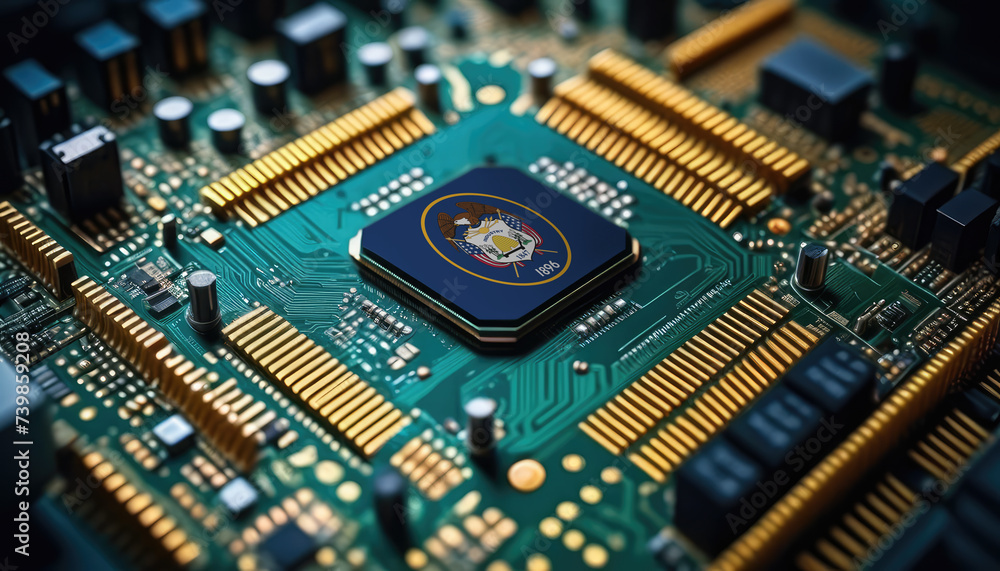 Utah flag on a processor, CPU or microchip on a motherboard. Concept for the battle of global microchips production. Utah flag on a processor, CPU or microchip on a motherboard. Concept for the battle of global microchips production.