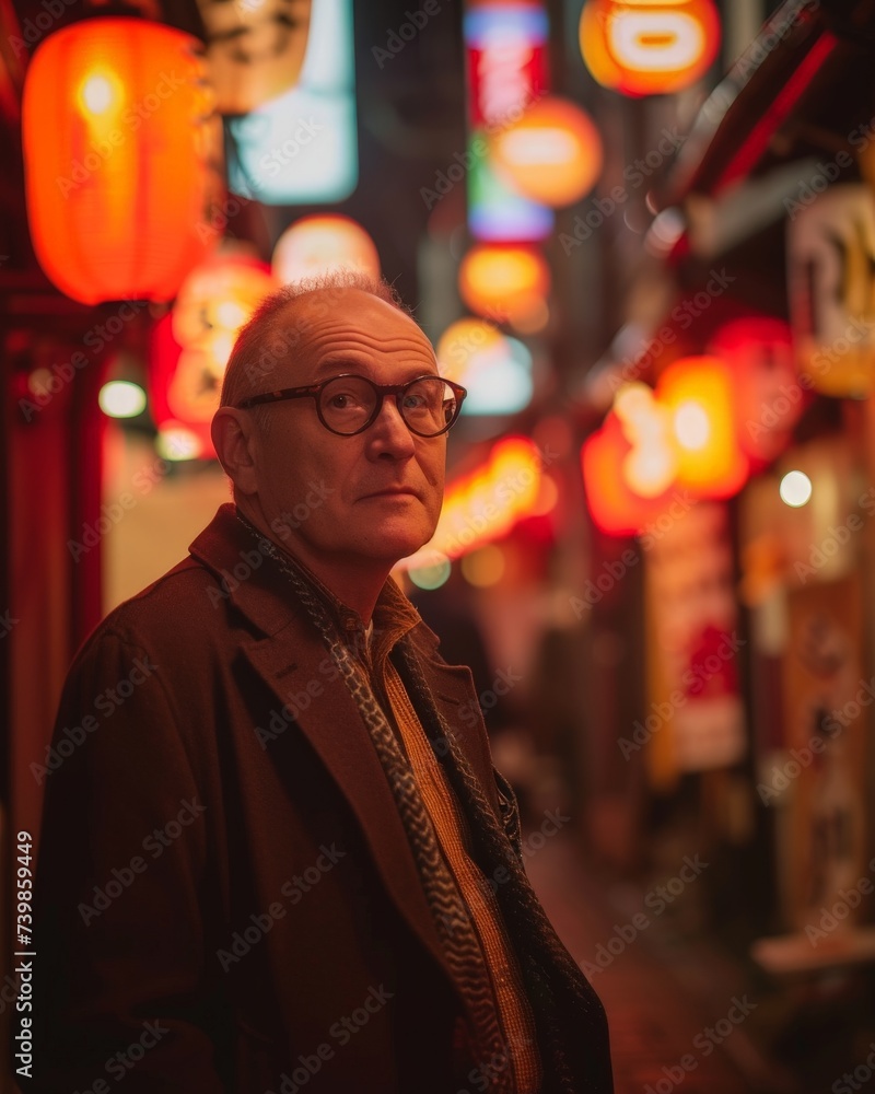 a man in glasses standing in a street with red lanterns