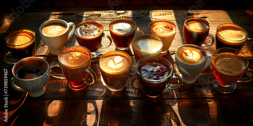 Coffee tasting session, with cups of coffee lined up on a rustic wooden table, highlighting the nuances and flavors of different coffee varieties.
