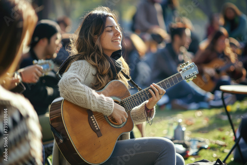 young woman playing guitar with friends attend a live music event concert in a park