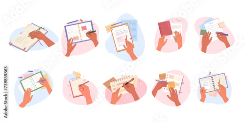top view writing. Hand making note, holding pen and writing down goals planning and organization, office desktop view, Effective time management. vector cartoon concept illustration.