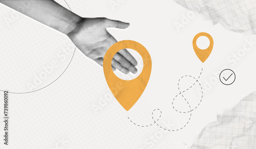 Trendy Halftone Collage with Hand and two pin location. Contemporary art with position element. Delivery route. Travel way and find trip. GPS point navigation. Transport logistic. Vector illustration