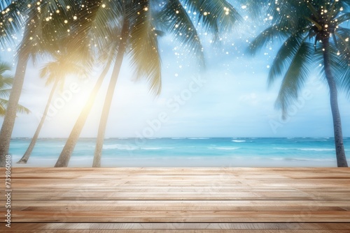 Twilight Serenity  Wooden Deck Overlooking a Tropical Palm Beach - Generative AI