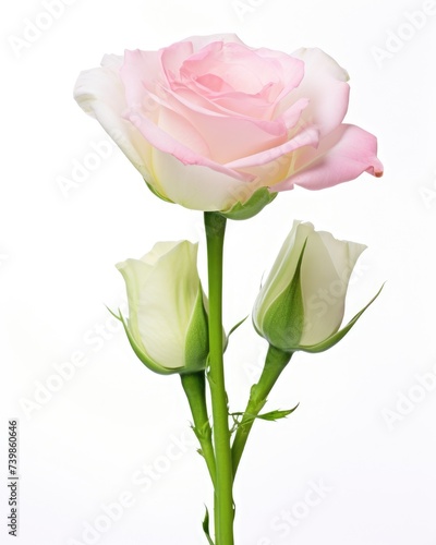 Isolated Studio Shot of Pale Light Pink Eustoma Flower with Blooming Bud and Green Leaves on White