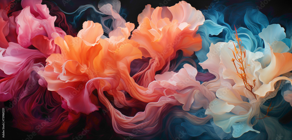 A burst of radiant pink and orange hues colliding against a deep blue backdrop, creating a mesmerizing dance of colors.