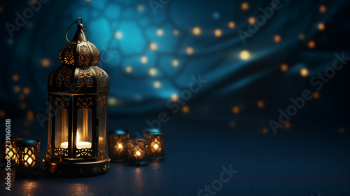 Ramadan Kareem background for banner, Ramadan or Eid banner background, blue background decorated with golden elements