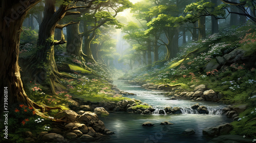 The wonders of the natural realm, serene forests, flowing rivers, and the harmonious coexistence of flora and fauna background Ai Generative 