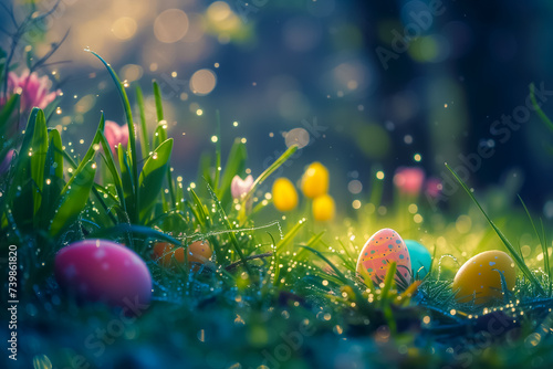 Easter eggs with spring flowers and drops of dew on green Grass. congratulation Easter background