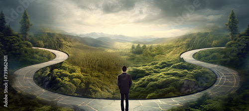 Man at two roads deciding for best chance of environment protection. Decision making concept photo