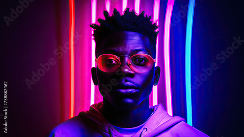 Portrait of a young african man at studio. High Fashion male model in colorful bright neon lights posing