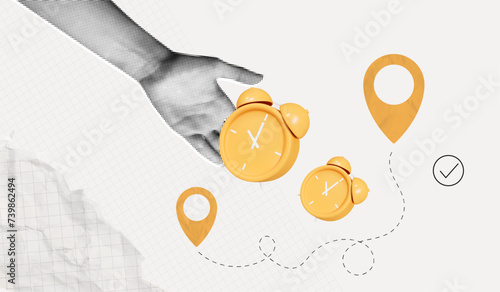 Trendy Halftone Collage Hand with Alarm Clock and two Location Pin. Fast delivery concept. Quick offer on marketplace. Package tracking. Transport logistic on time. Contemporary vector art