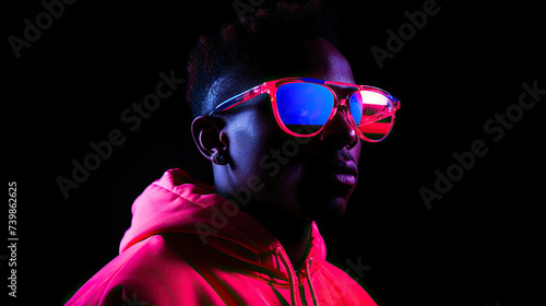 Portrait of a young african man at studio. High Fashion male model in colorful bright neon lights posing on black background