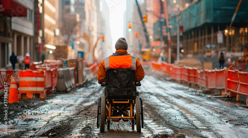 Wheelchair User Navigating a Muddy Construction Site in the City
