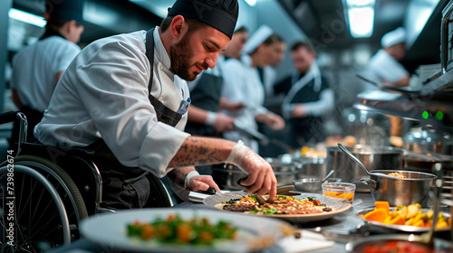 Tattooed Chef in Wheelchair Seasoning Food in Kitchen