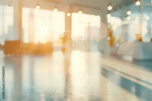 Beautiful blurred background of a light modern office interior with panoramic windows and beautiful lighting. © Sonya