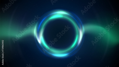 Blue green circular light frame on dark background. Shining light ring. Glowing green blue circle. Stage backdrop. Abstract background for displaying products, text, copy paste. Vector illustration