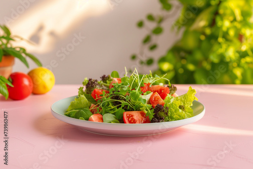 Plant based meal on a light pink table, closeup view, vegetarian meal